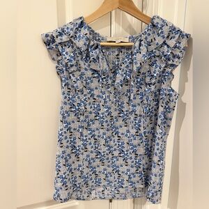 LOFT Blue and White Ruffle Floral Blouse Size Extra Small